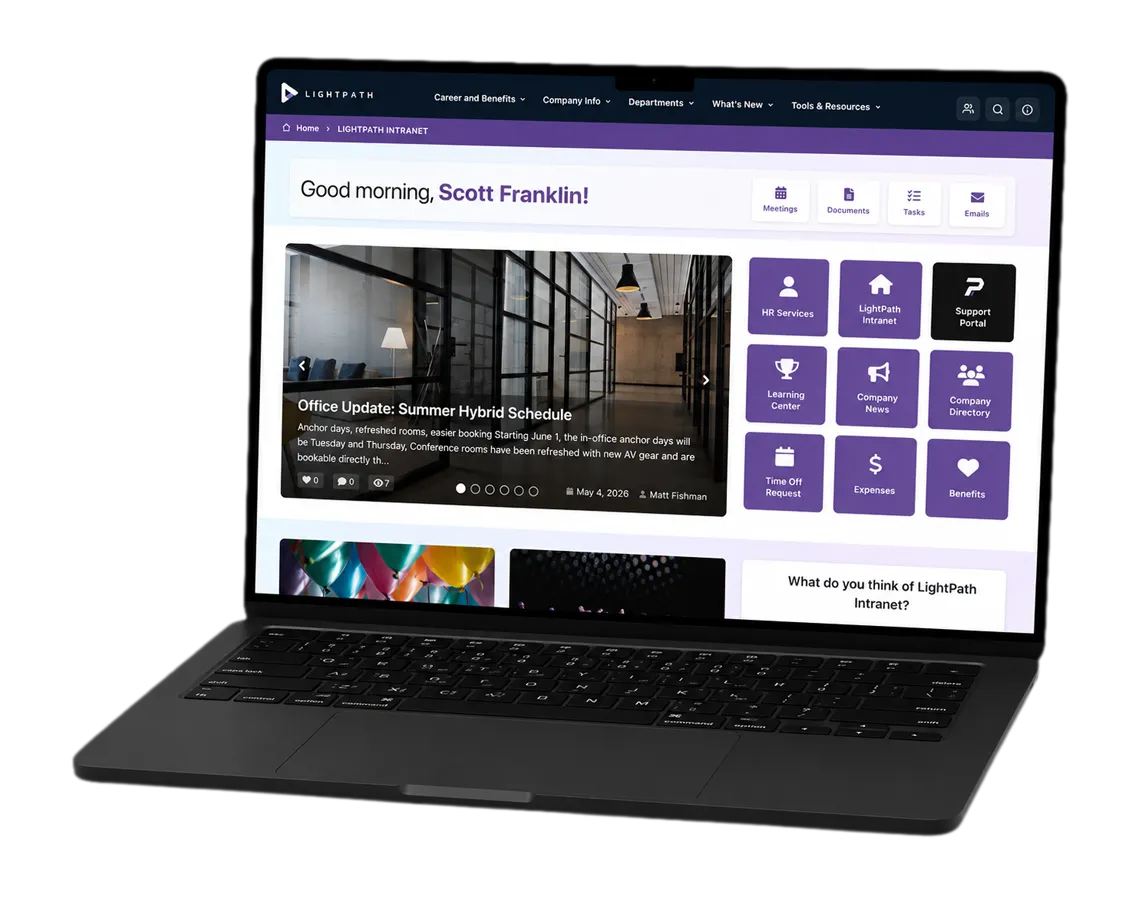LightPath Intranet on a laptop: branded SharePoint navigation, home page with greeting, carousel, and quick links.